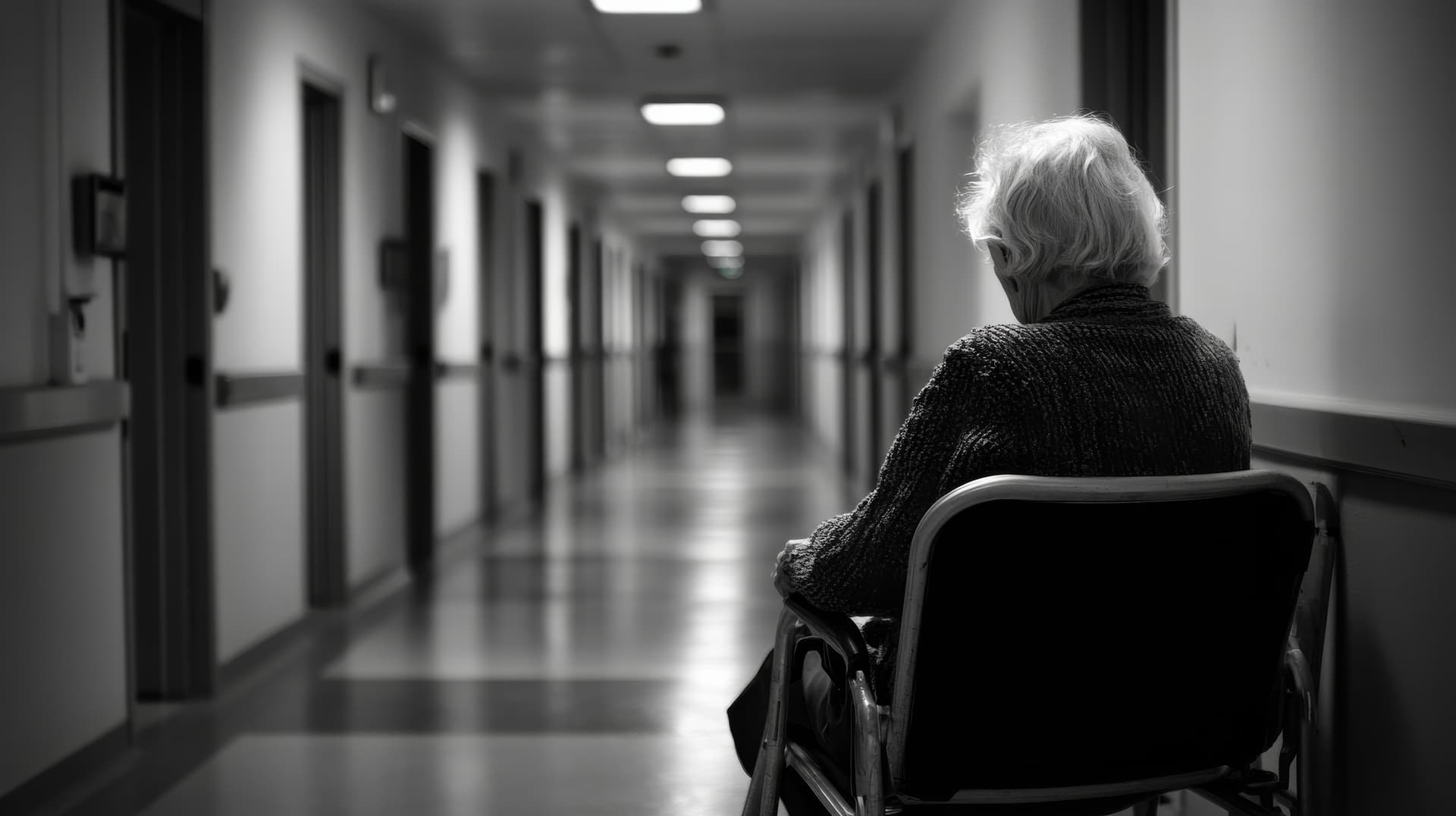An elderly person sits alone in a wheelchair in a dimly lit nursing home hallway, symbolizing the loneliness and neglect that can result from understaffing in long-term care facilities.